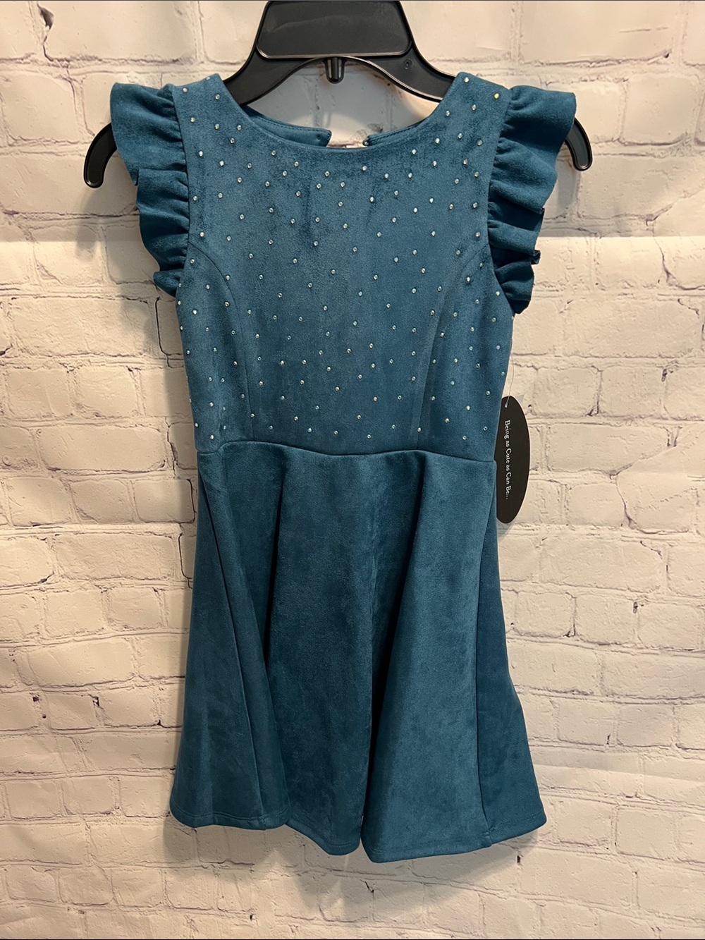 NWT Ava Yelly Girls Teal velvet Dress with Ruffle Sleeves and Rhinestone Accent